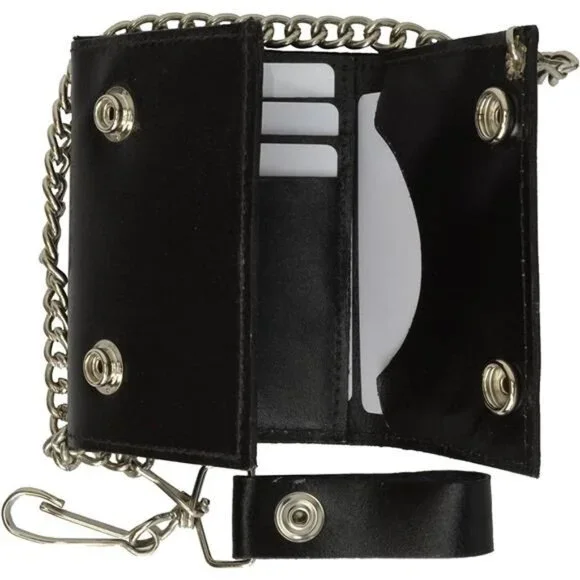 Men's Black Genuine Leather Trifold Wallet with Chain Skull